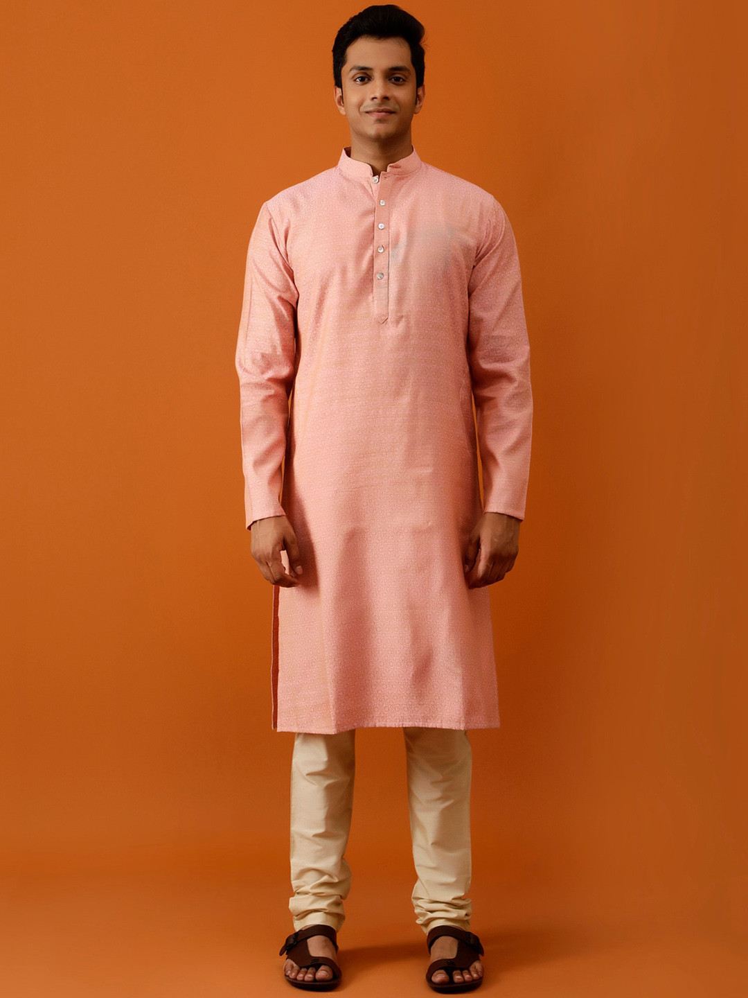 

Streaks & Crosses Ethnic Motifs Printed Regular Kurta With Churidar, Peach