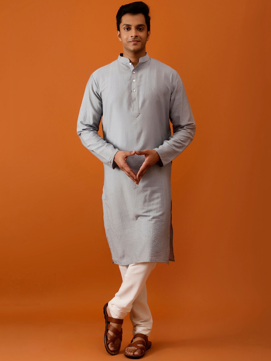 

Streaks & Crosses Striped Regular Kurta With Churidar, Grey