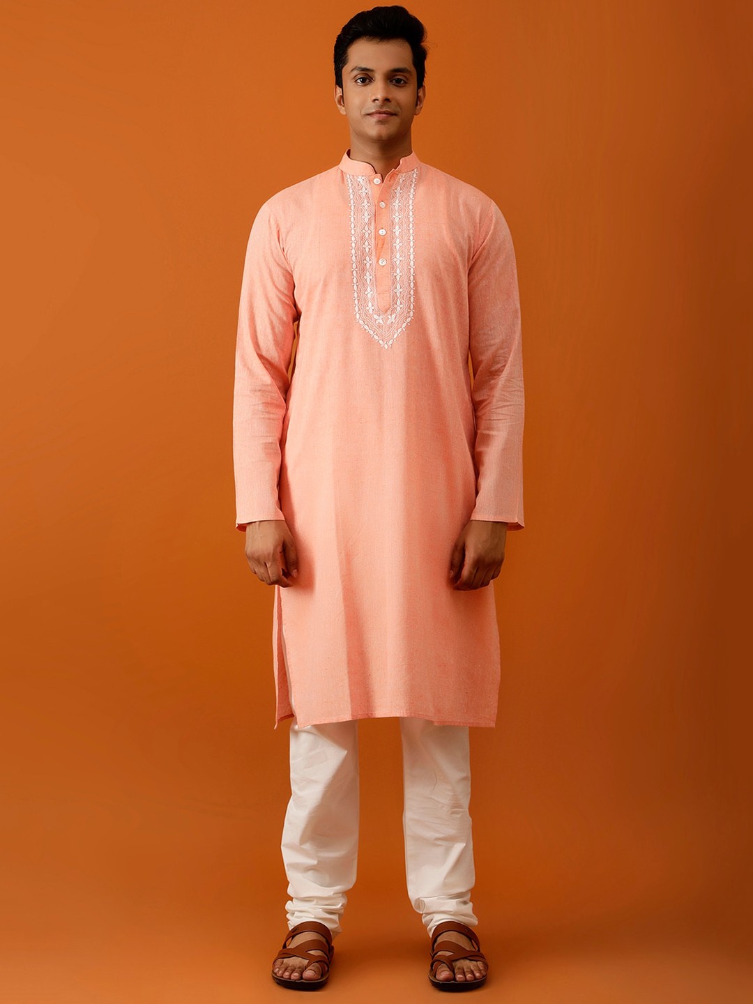

Streaks & Crosses Ethnic Motifs Yoke Design Thread Work Pure Cotton Kurta With Churidar, Peach