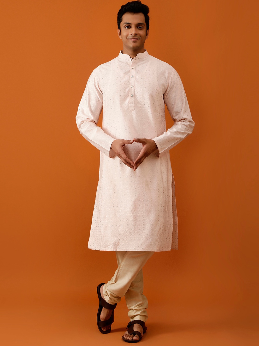 Streaks & Crosses Floral Woven Design Regular Kurta With Churidar, Cream