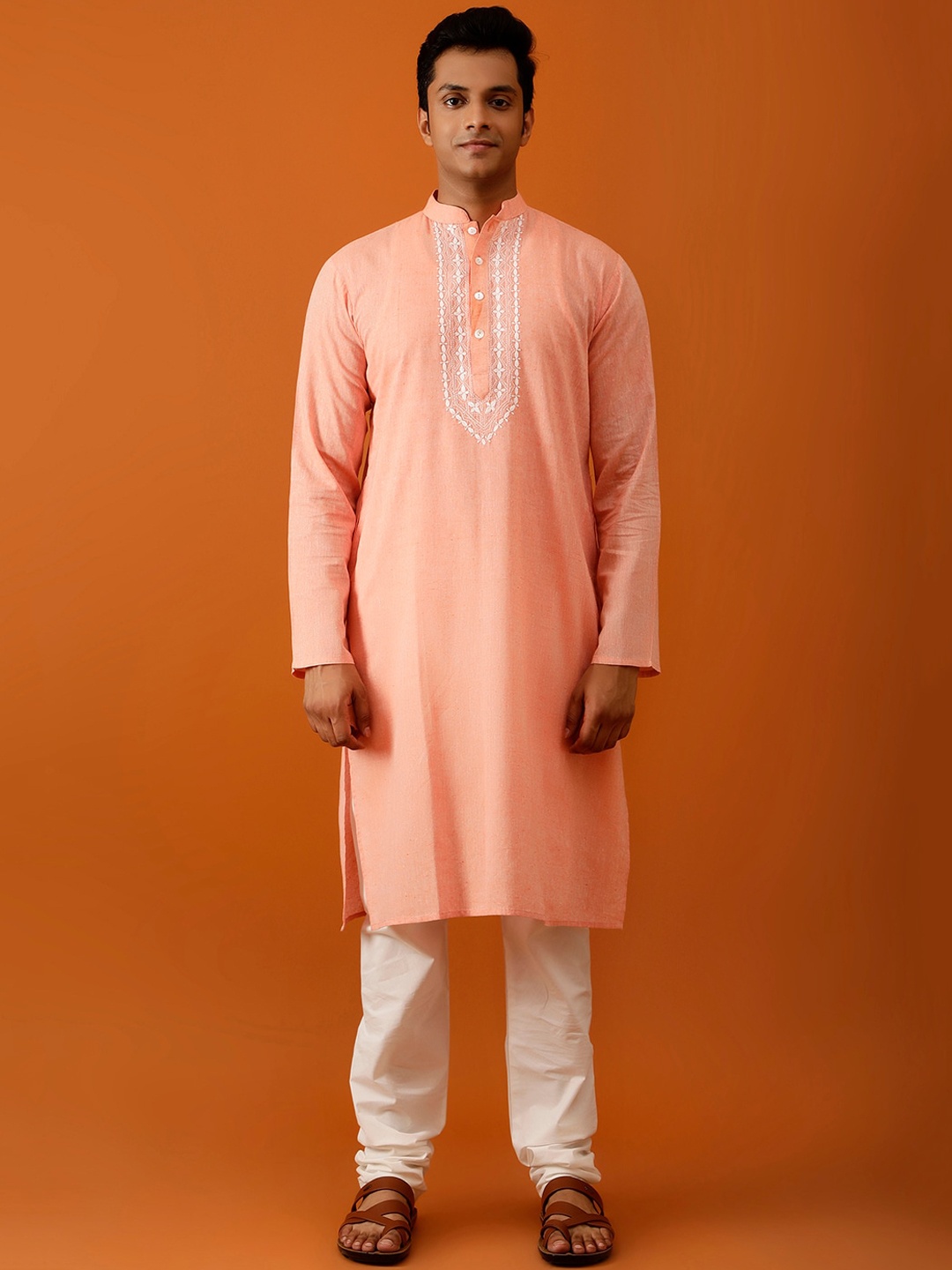 

Streaks & Crosses Ethnic Motifs Yoke Design Thread Work Pure Cotton Kurta with Churidar, Peach