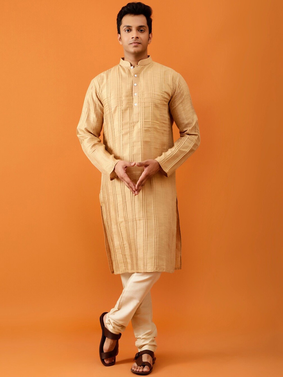 

Streaks & Crosses Embroidered Self Design Kurta with Churidar, Gold