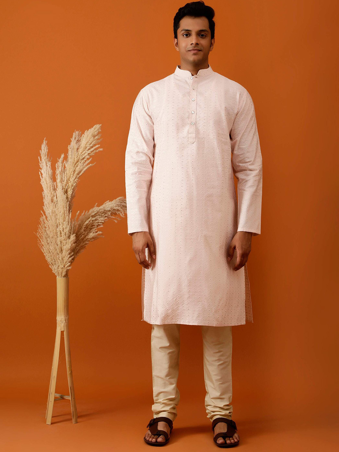 

Streaks & Crosses Floral Embroidered Straight Kurta with Churidar, Pink