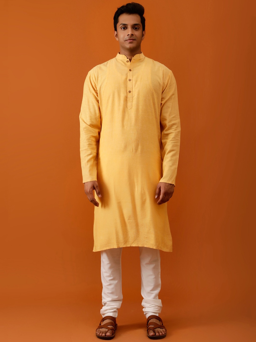 

Streaks & Crosses Mandarin Collar Pure Cotton Kurta with Churidar, Yellow