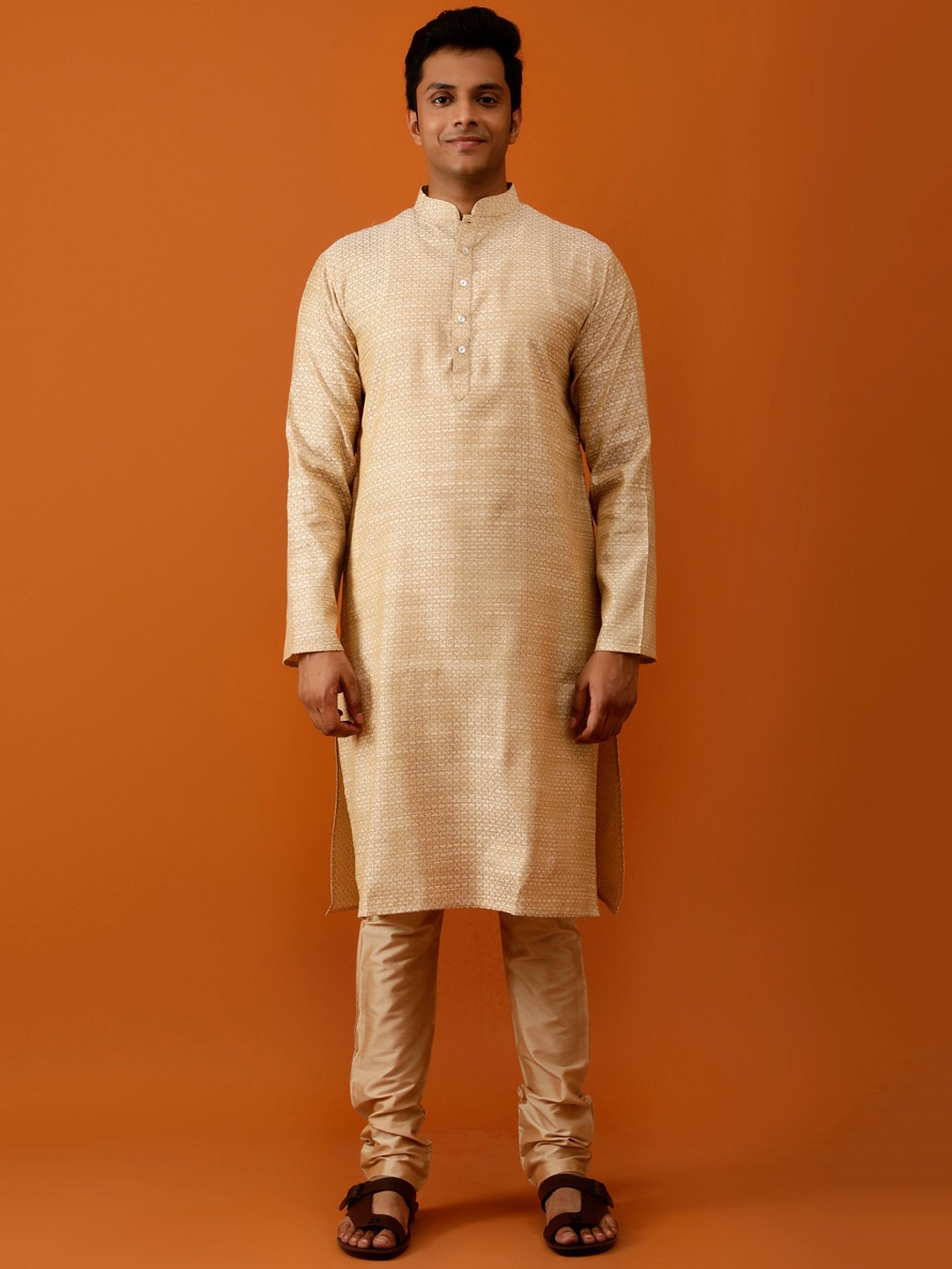 

Streaks & Crosses Woven Design Mandarin Collar Kurta with Churidar, Beige