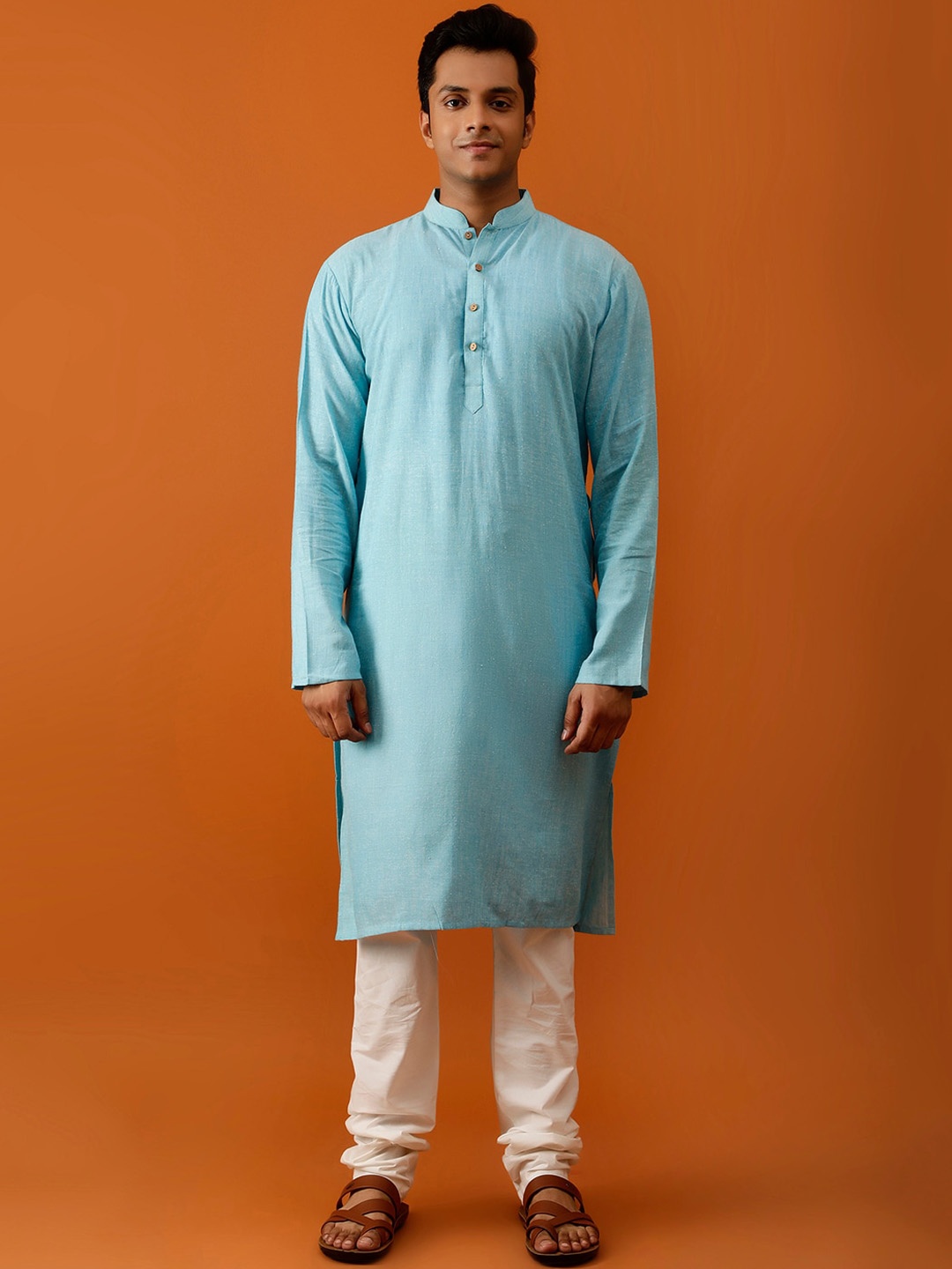 

Streaks & Crosses Mandarin Collar Pure Cotton Kurta with Churidar, Turquoise blue