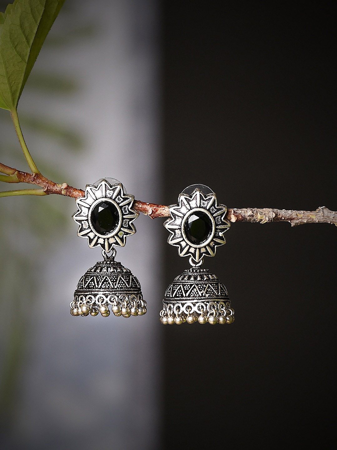 

Bamboo Tree Jewels Silver-Plated Stone-Studded Dome Shaped Jhumkas