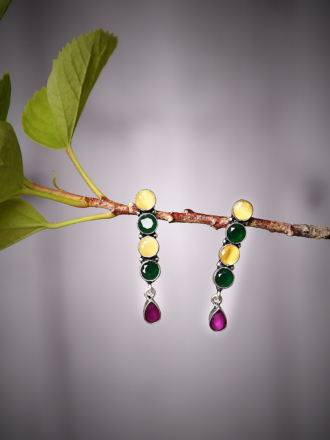 

Bamboo Tree Jewels Silver-Plated Stone-Studded Contemporary Drop Earrings