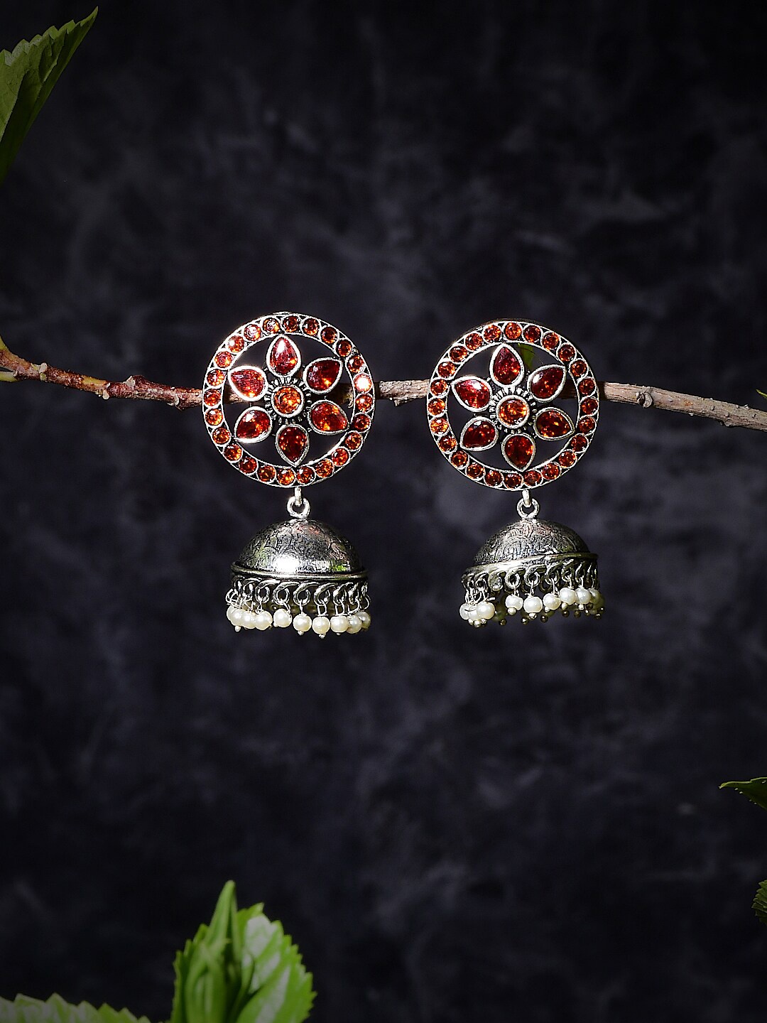 

Bamboo Tree Jewels Silver Plated Stone-Studded Dome Shaped Jhumkas