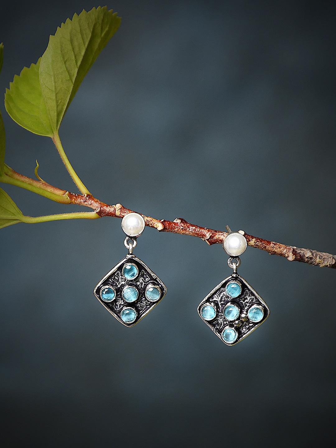 

Bamboo Tree Jewels Silver Plated Stone-Studded Geometric Drop Earrings