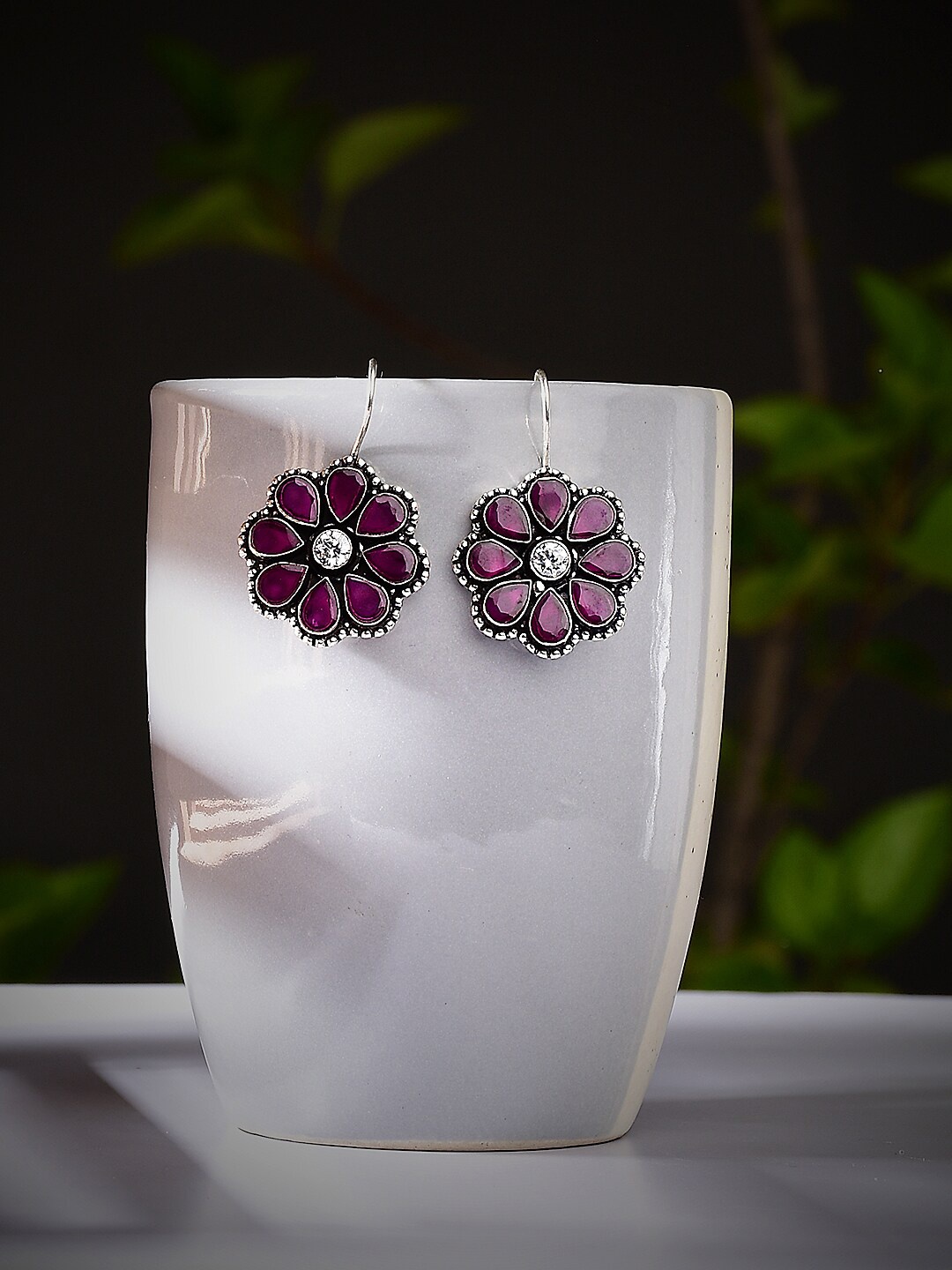 

Bamboo Tree Jewels Silver-Plated Stone-Studded Floral Drop Earrings, Maroon