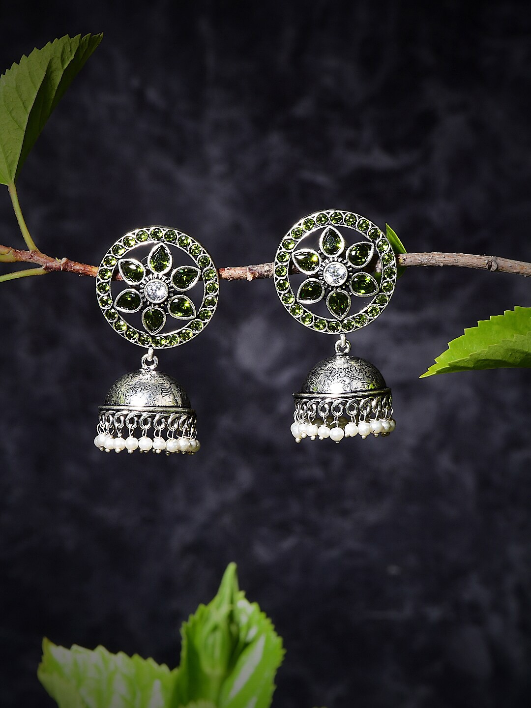 

Bamboo Tree Jewels Silver Plated Dome Shaped Stone-Studded & Beaded Jhumkas