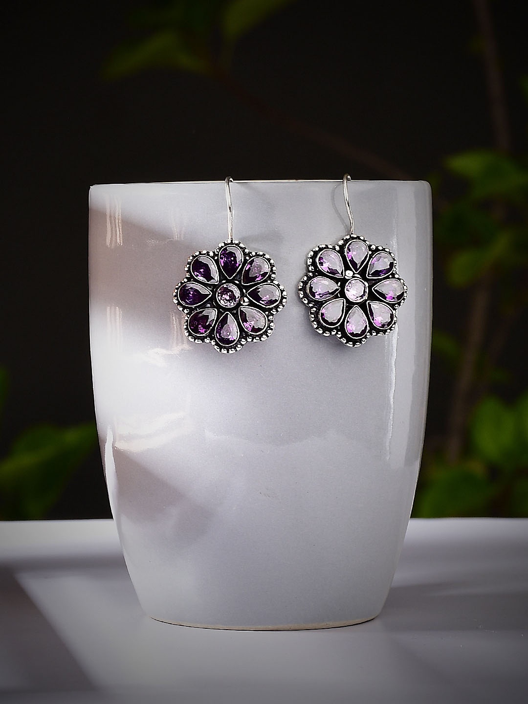 

Bamboo Tree Jewels Silver Plated Floral Stone-Studded Drop Earrings