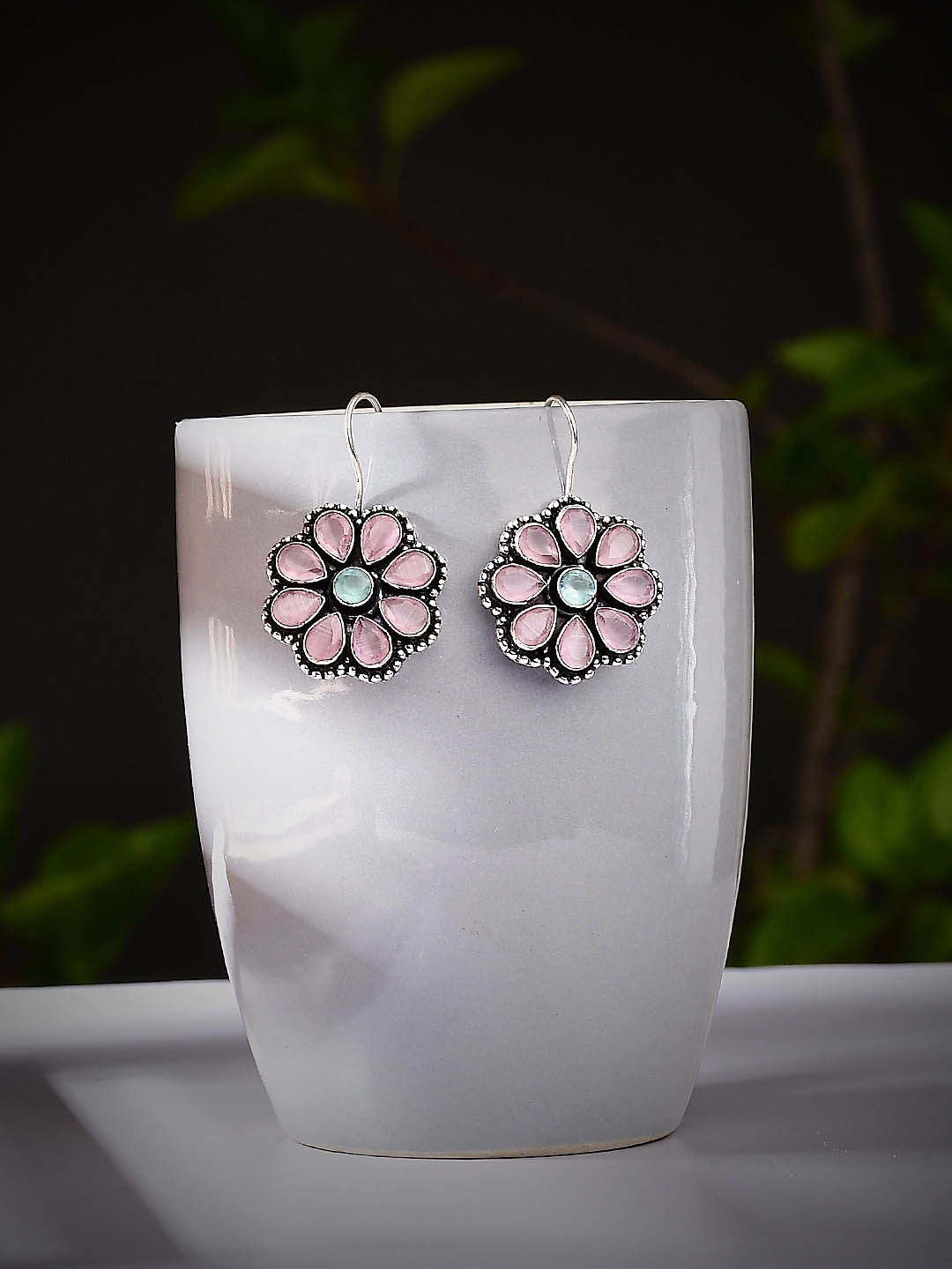 

Bamboo Tree Jewels Silver-Plated Stone-Studded Floral Stud Earrings