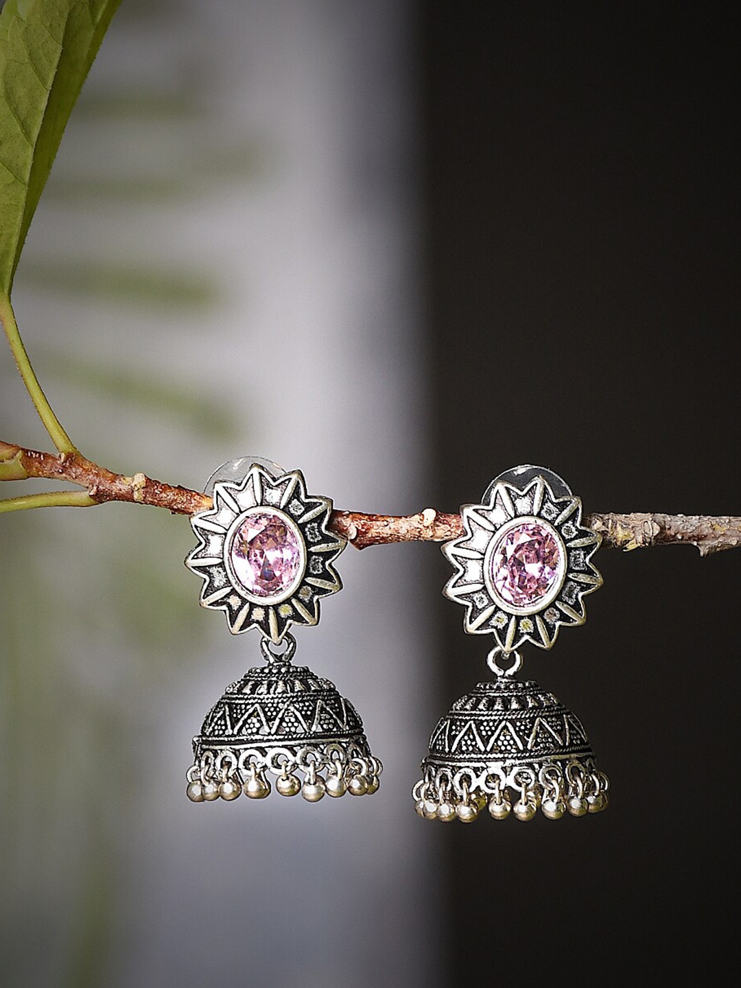 

Bamboo Tree Jewels Silver-Plated Stone-Studded Contemporary Jhumkas