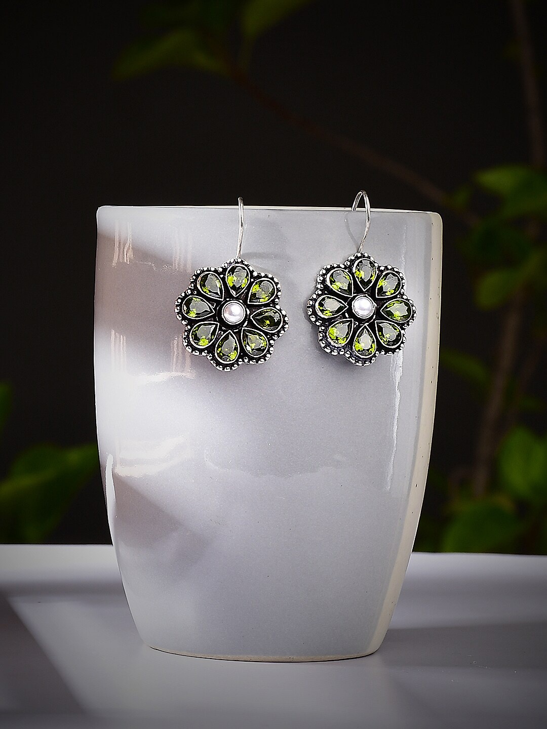 

Bamboo Tree Jewels Silver-Plated Stone-Studded Floral Drop Earrings, Green