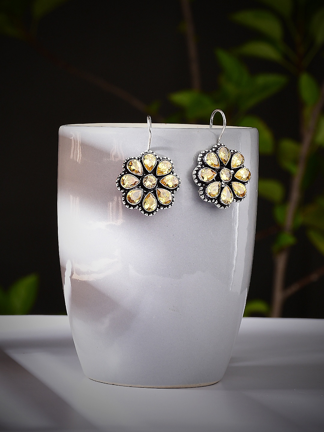 

Bamboo Tree Jewels Silver-Plated Stone-Studded Floral Drop Earrings