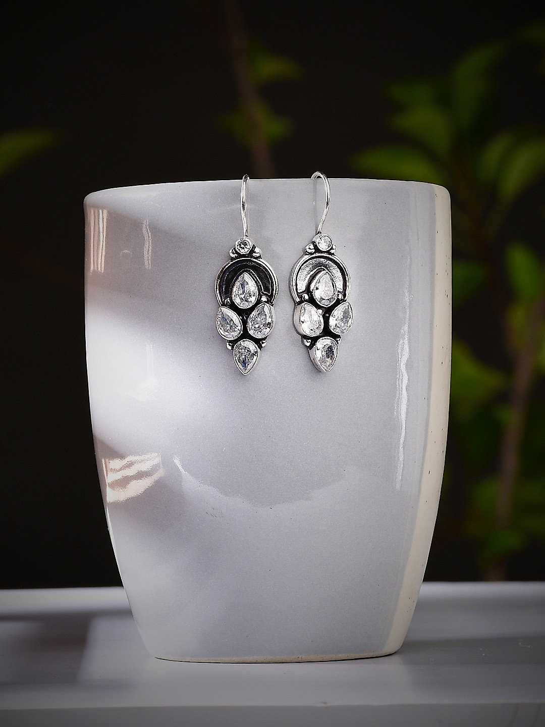 

Bamboo Tree Jewels Silver Plated Stone-Studded Drop Earrings