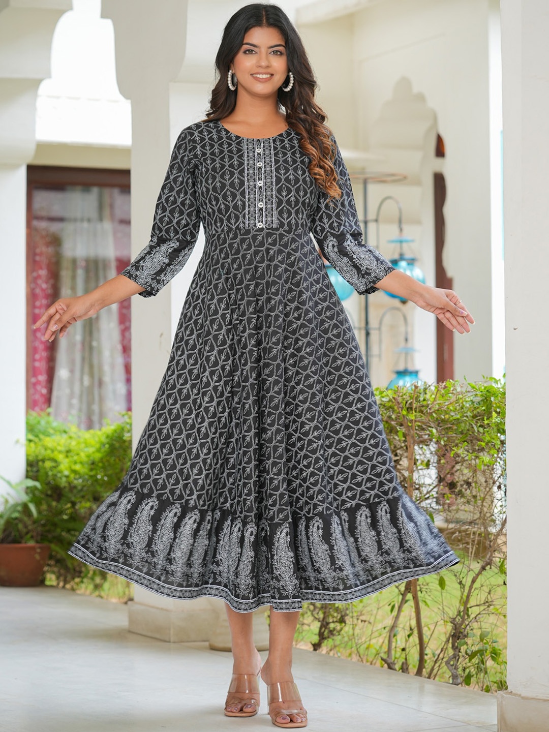 

YASH GALLERY Ethnic Motifs Printed Fit & Flare Midi Ethnic Dress, Black