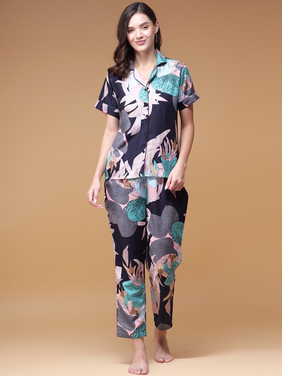 

Fbella Tropical Printed Pure Cotton Night suit, Black