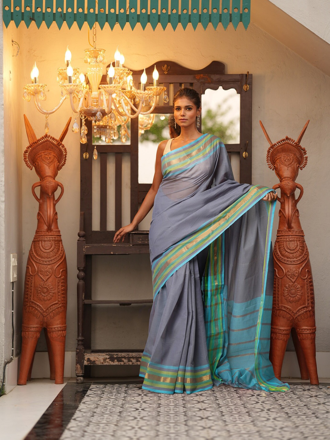 

Unnati Silks Zari Pure Cotton Mangalagiri Saree, Grey