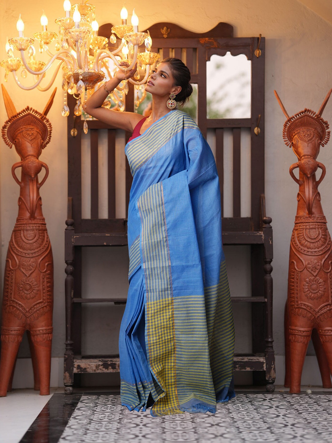 

Unnati Silks Striped Zari Pure Cotton Mangalagiri Saree, Blue