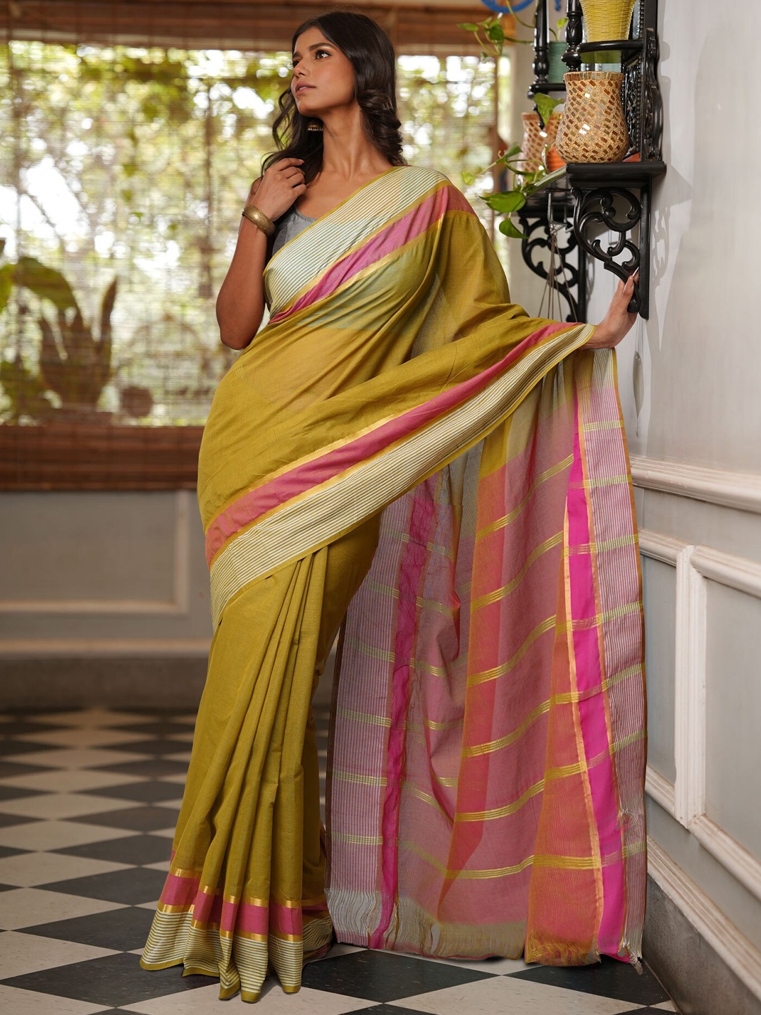 

Unnati Silks Zari Pure Cotton Mangalagiri Saree, Green
