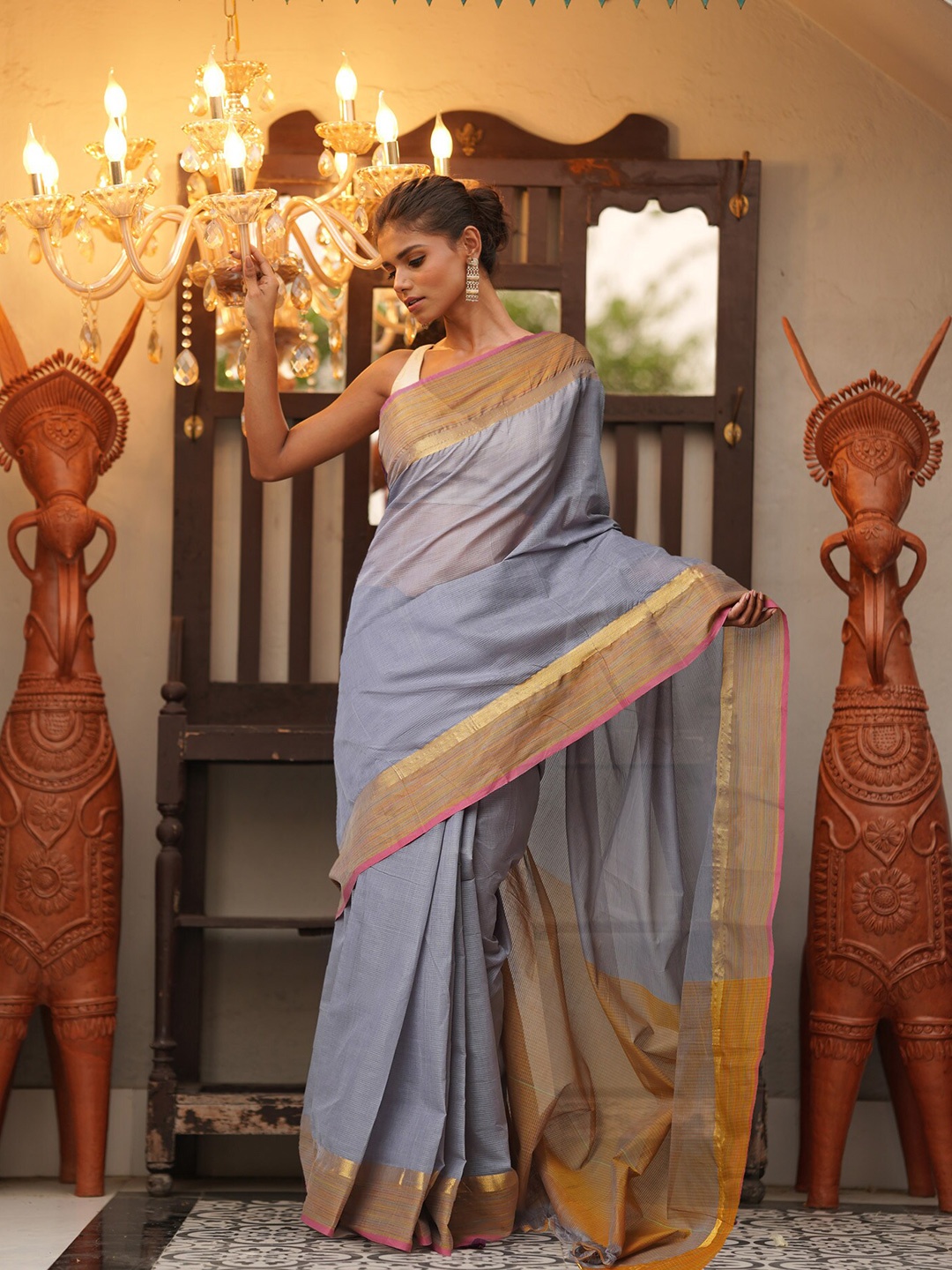 

Unnati Silks Pure Cotton Mangalagiri Saree, Grey