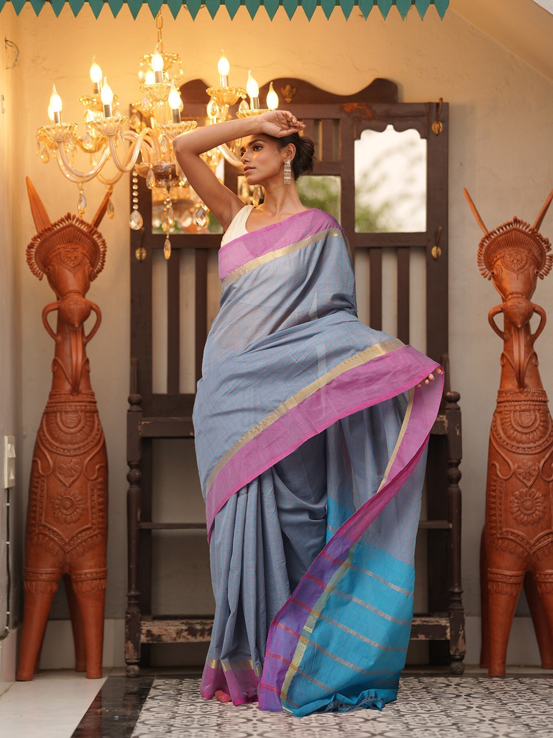 

Unnati Silks Woven Design Pure Cotton Mangalagiri Saree, Grey