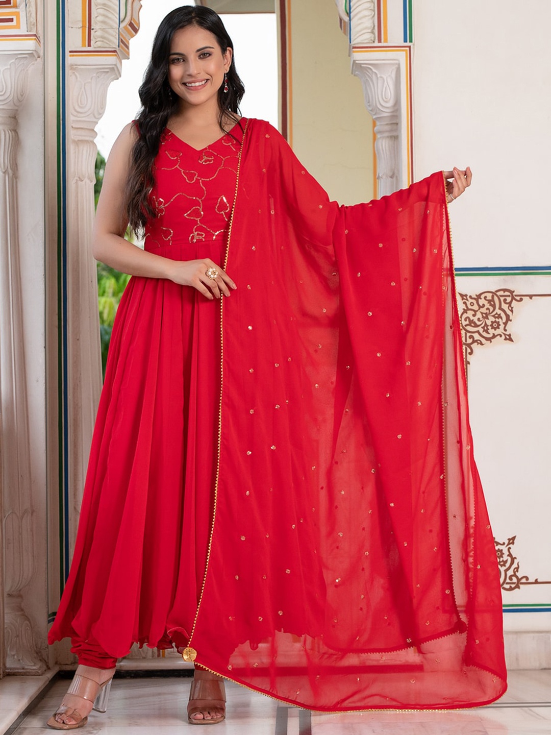 

Indi INSIDE Red Floral Embroidered Anarkali Georgette Kurta with Churidar & Dupatta