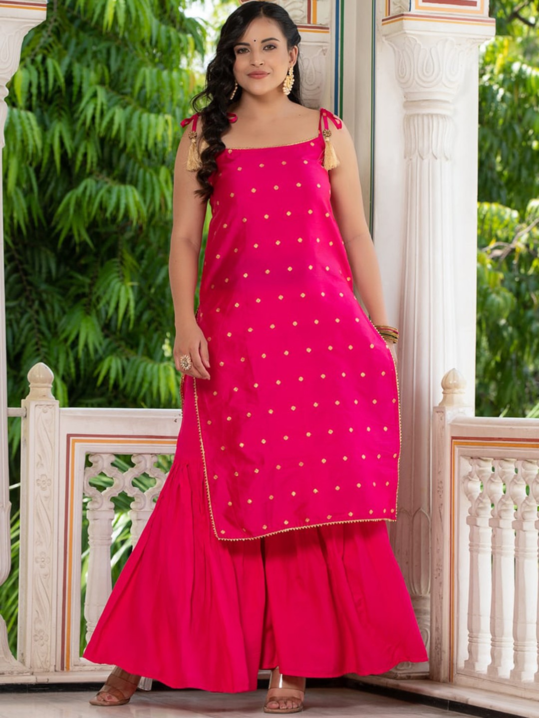 

Indi INSIDE Pink Ethnic Motifs Woven Design Pure Silk Kurta with Sharara