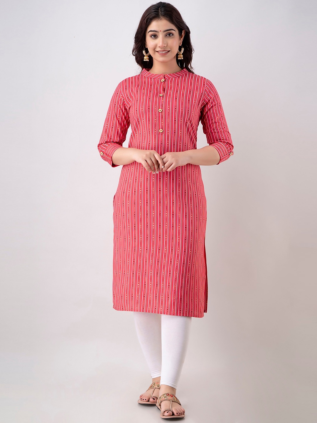 

KASHEEDA Striped Mandarin Collar Straight Kurta, Red