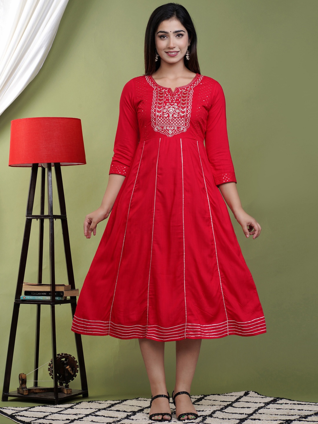 

KASHEEDA Ethnic Motifs Sequinned Embroidered Fit & Flare Midi Ethnic Dress, Red