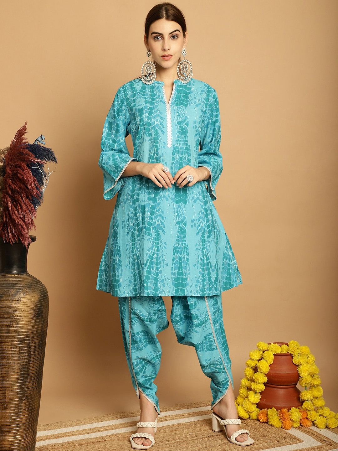 

KALINI Bandhani Printed Pure Cotton Kurta with Dhoti Pants, Turquoise blue