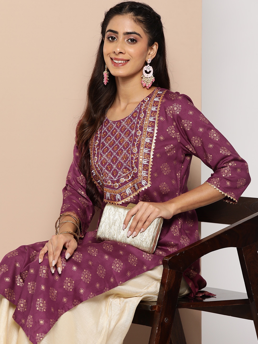 

HERE&NOW Women Ethnic Motifs Mirror Work Kurta, Purple