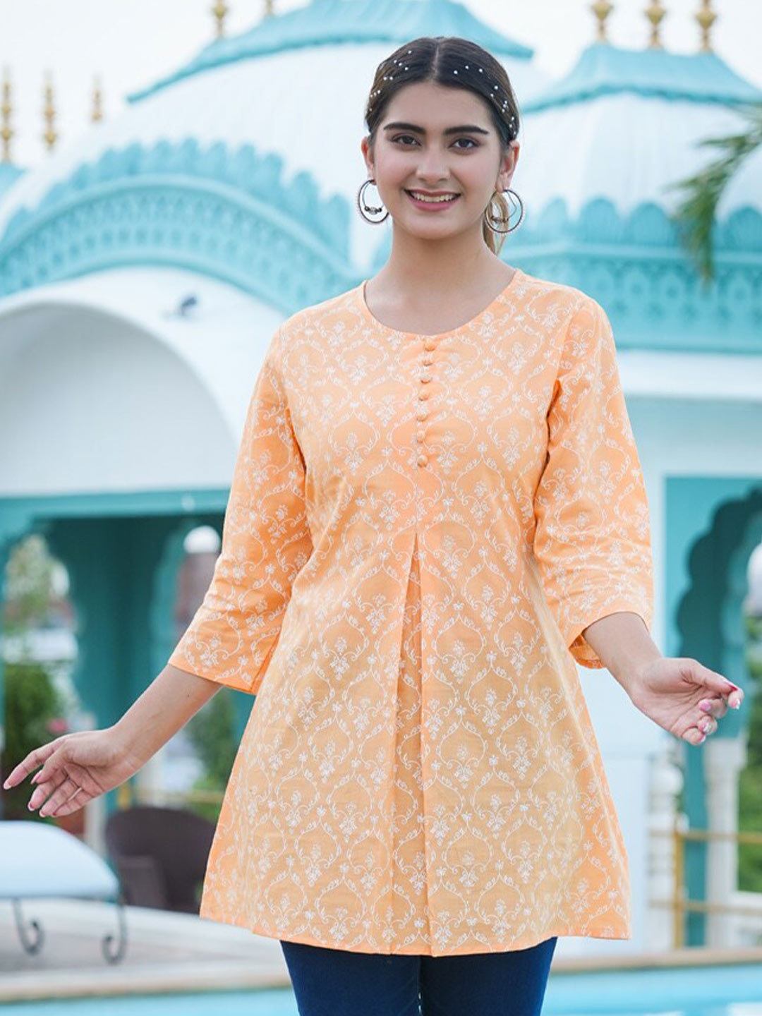 

YASH GALLERY Floral Printed Round Neck Pure Cotton A-Line Kurti, Orange