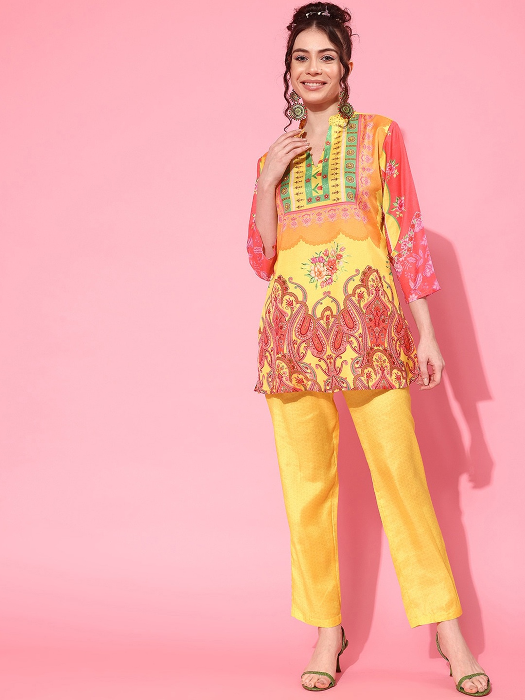 

Runway Dreams Ethnic Motifs Printed Kurti With Trousers, Yellow