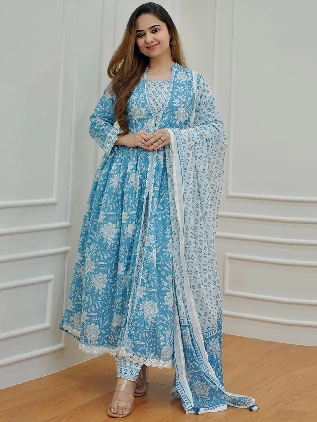 

Sangria Printed Lace Detail Sequined Layered Pure Cotton Kurta with Trouser & Dupatta, Blue