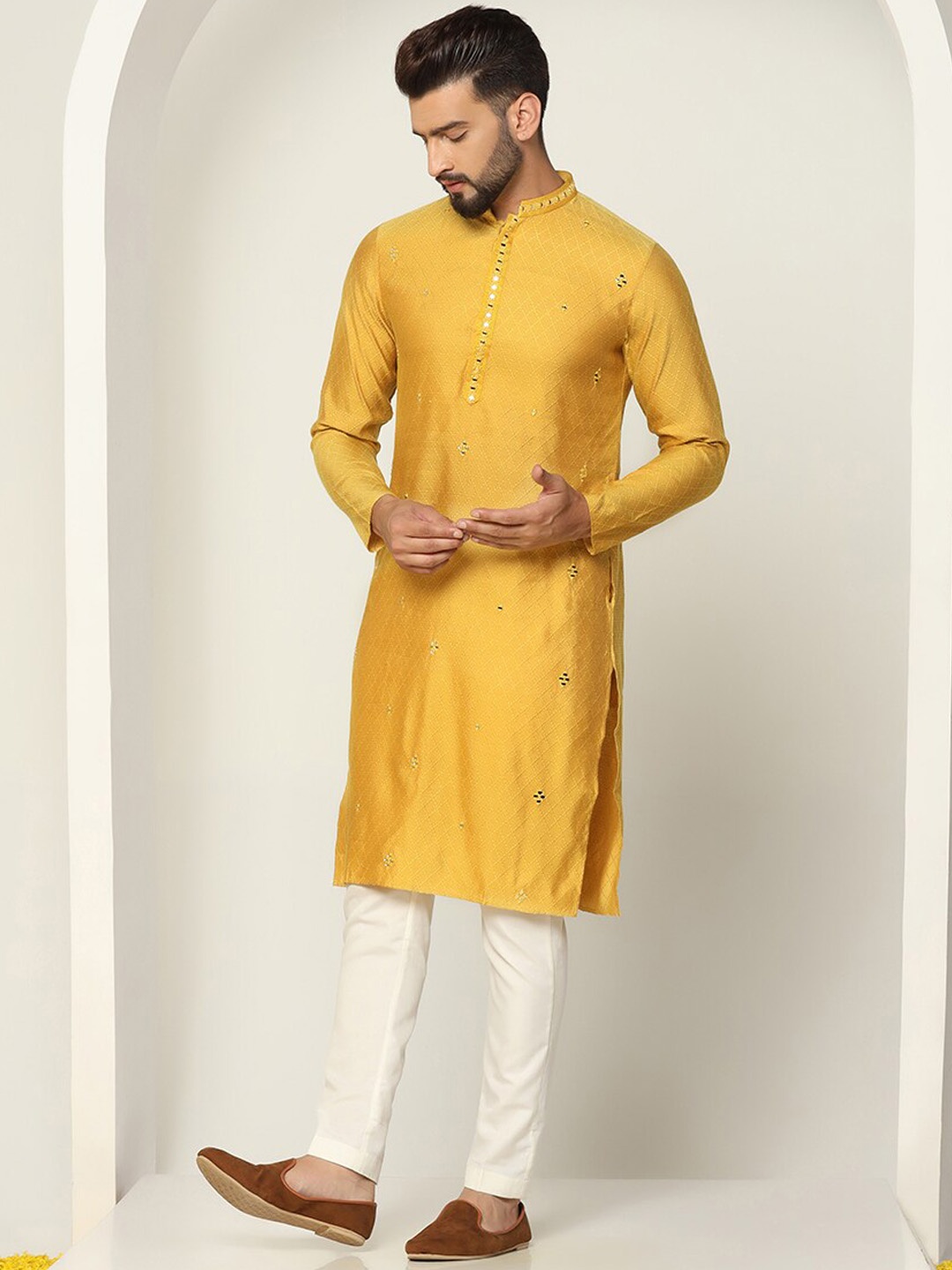 

KISAH Men Mirror Work Embroidered Regular Fit Abstract Print Kurta, Mustard