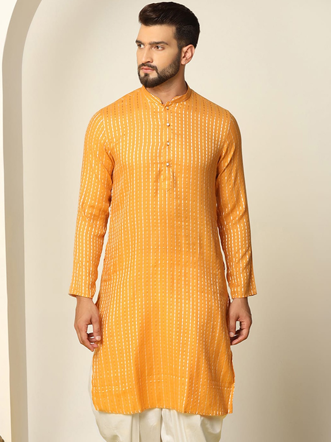 

KISAH Striped Mandarin Collar Jacquard Straight Kurta, Yellow