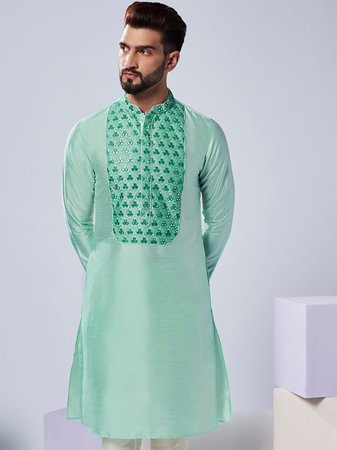 

KISAH Ethnic Motifs Yoke Design Mirror Work Regular Kurta, Sea green