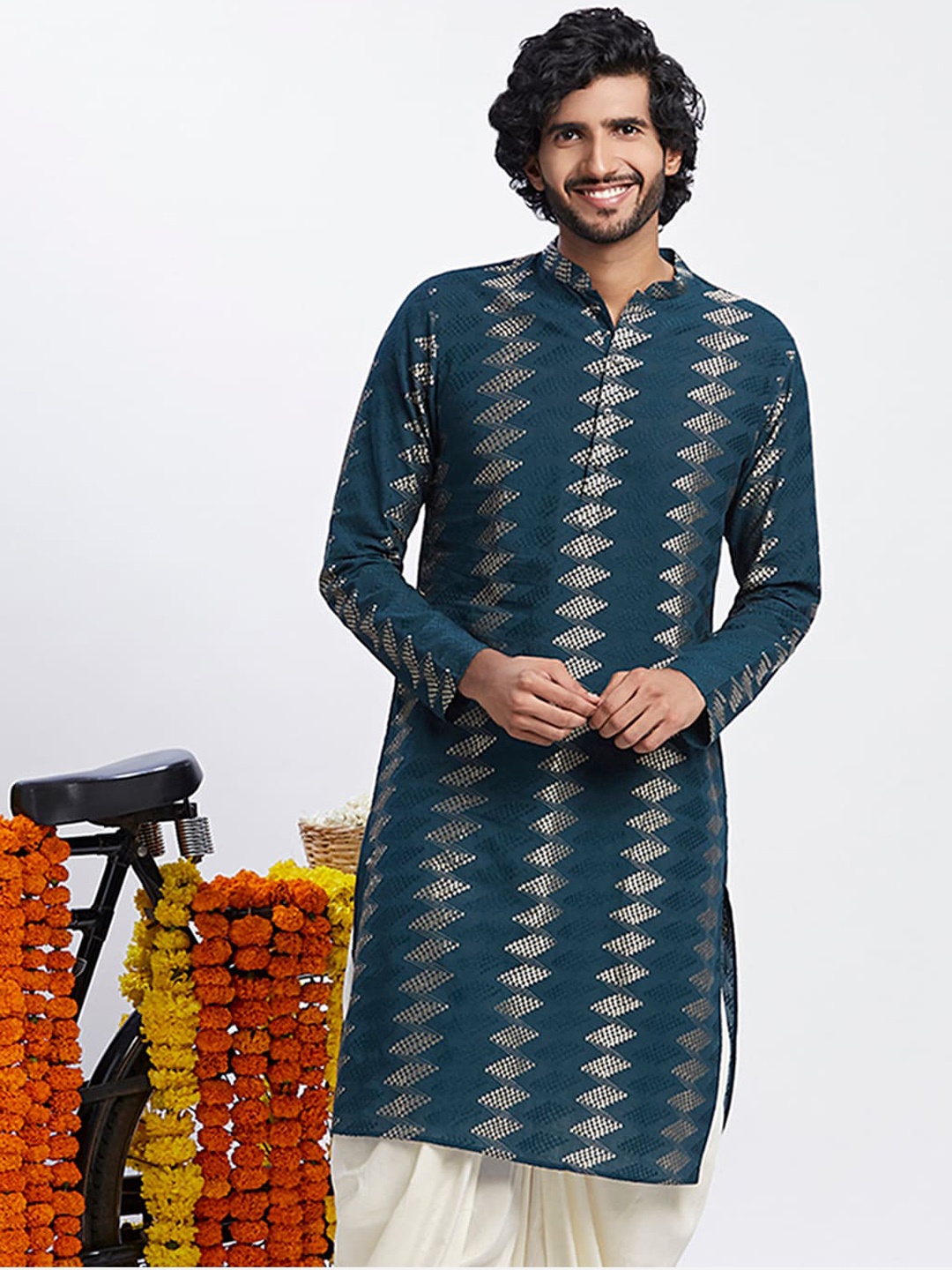 

KISAH Mandarin Collar Ethnic Motifs Printed Kurta, Turquoise blue