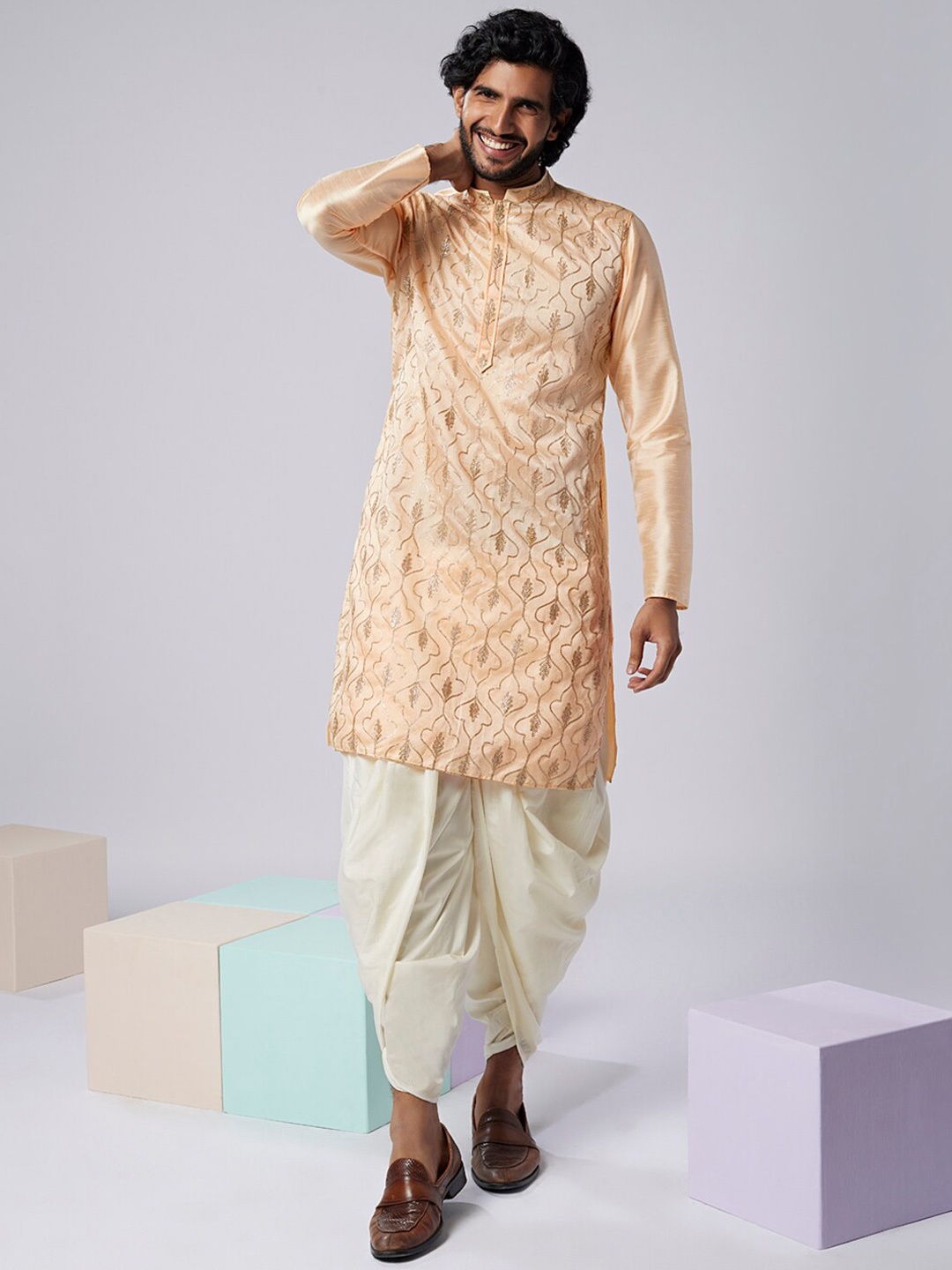 

KISAH Ethnic Embroidered Mandarin Collar Straight Kurta, Nude