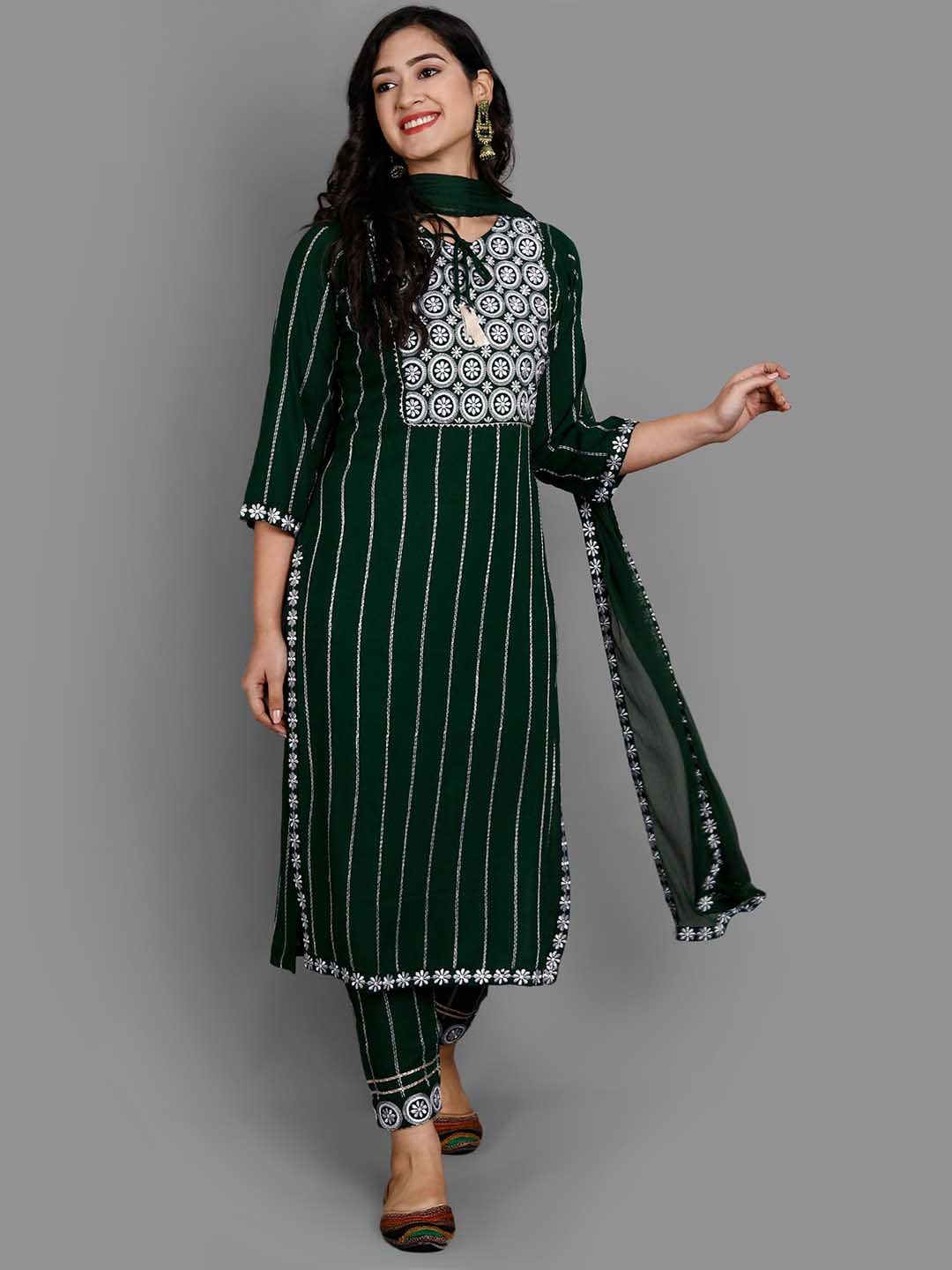 

KALINI Ethnic Motifs Embroidered Kurta with Trousers & With Dupatta, Green