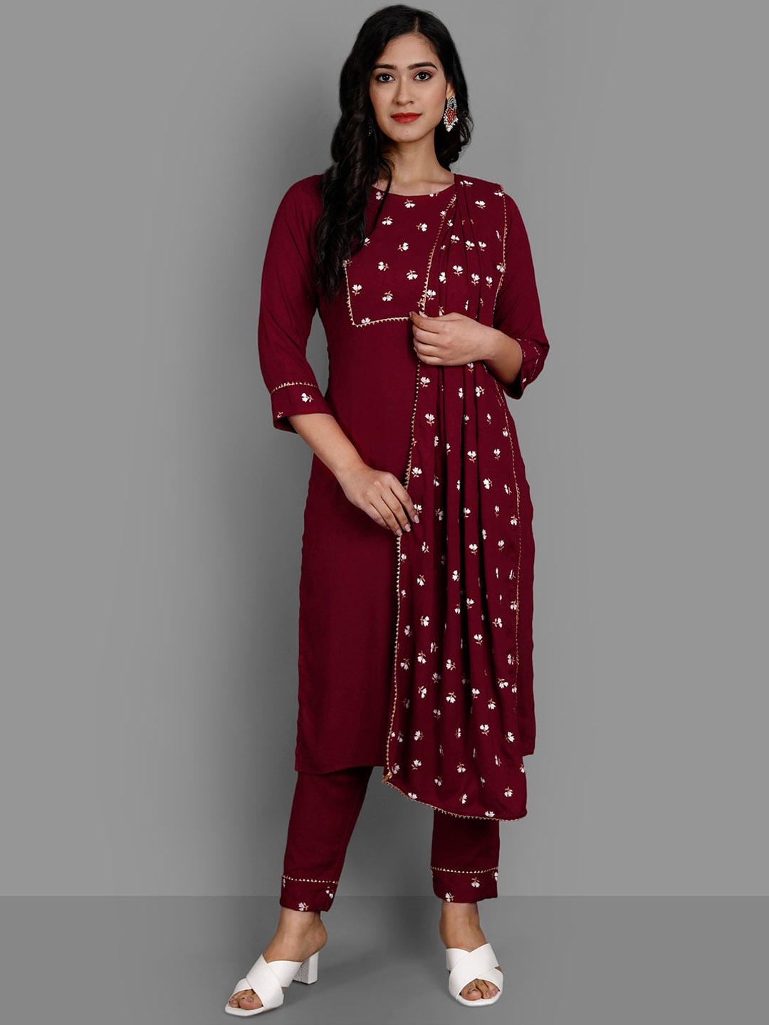 

KALINI Floral Printed Straight Kurta & Trousers With Dupatta, Red