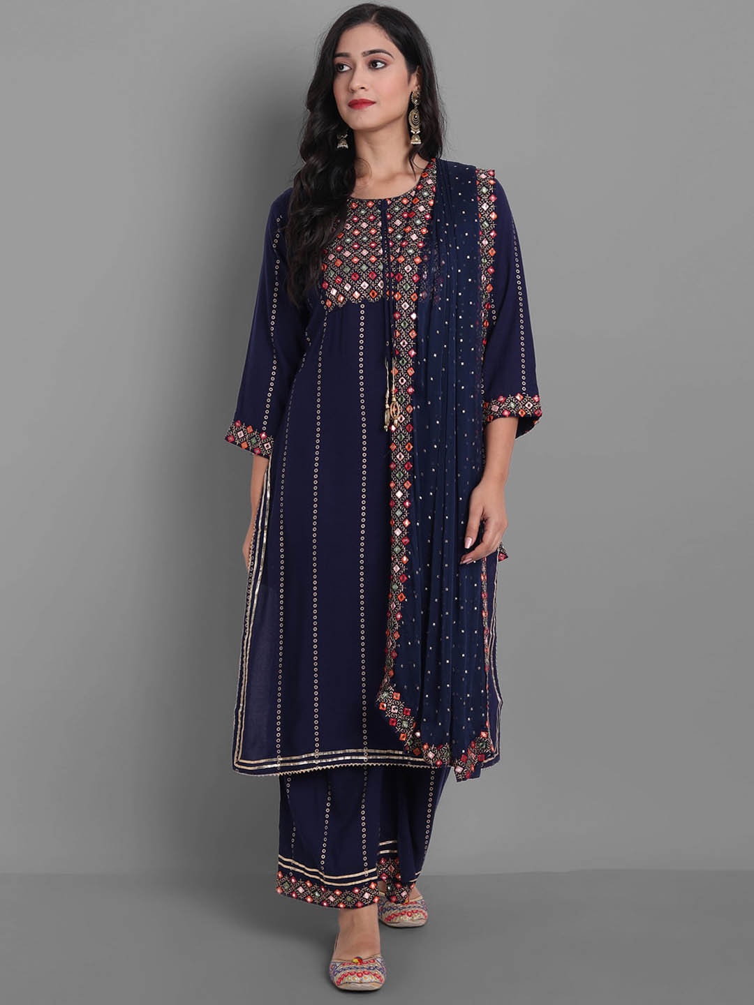

KALINI Mirror Work Embellished Kurta with Palazzos & With Dupatta, Navy blue