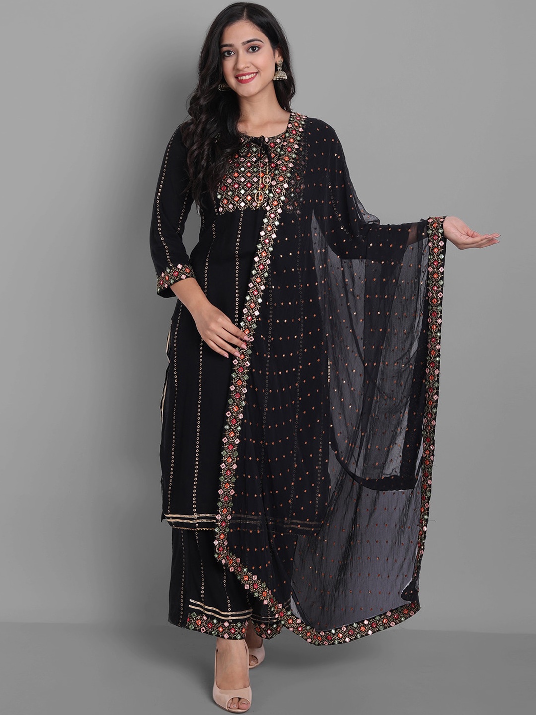 

KALINI Mirror Work Embellished Kurta with Palazzos & With Dupatta, Black