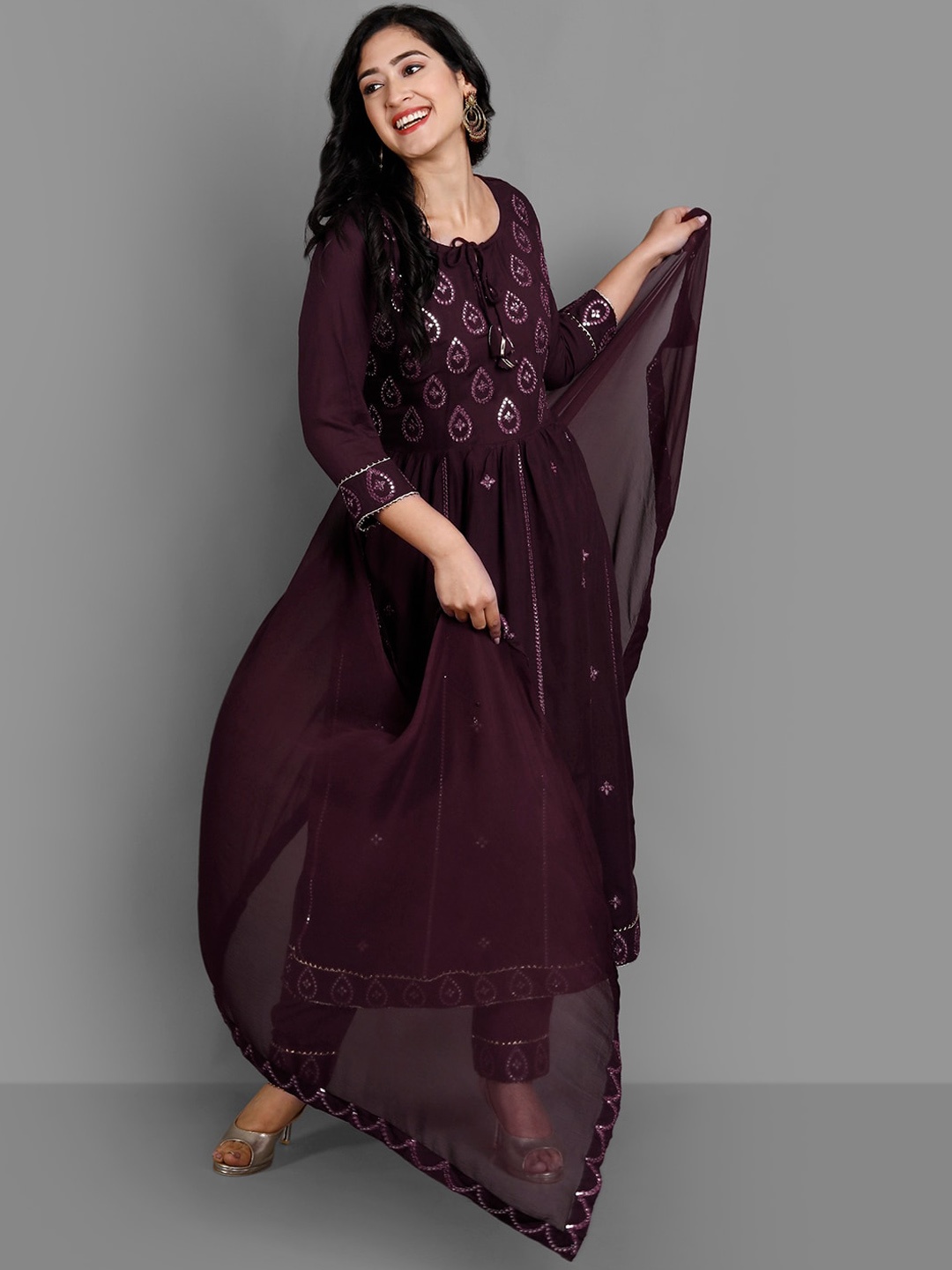

KALINI Ethnic Motifs Embroidered Mirror Work Kurta & Trousers With Dupatta, Brown