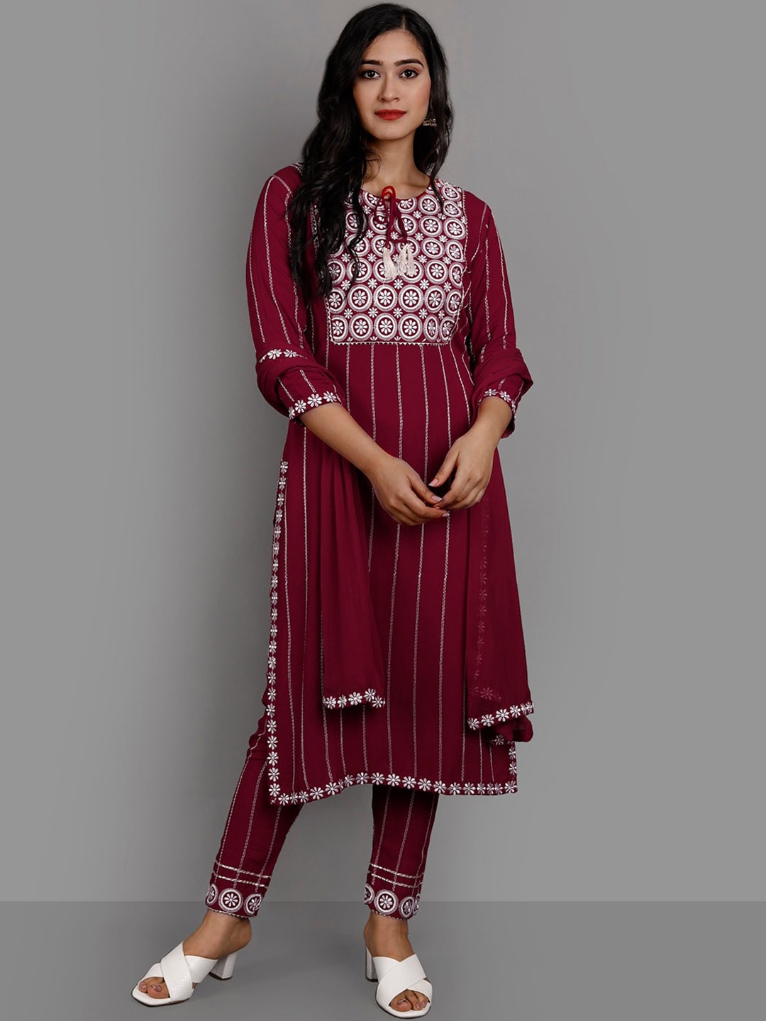 

KALINI Ethnic Motifs Embroidered Regular Kurta With Trousers & Dupatta, Red