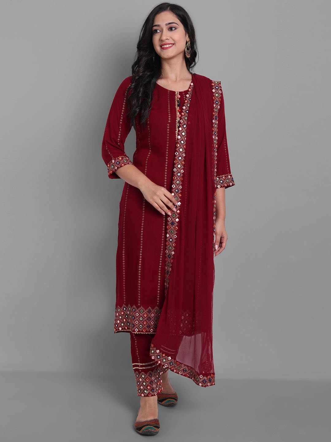 

KALINI Ethnic Motifs Printed Gotta Patti Kurta with Trousers & Dupatta, Maroon